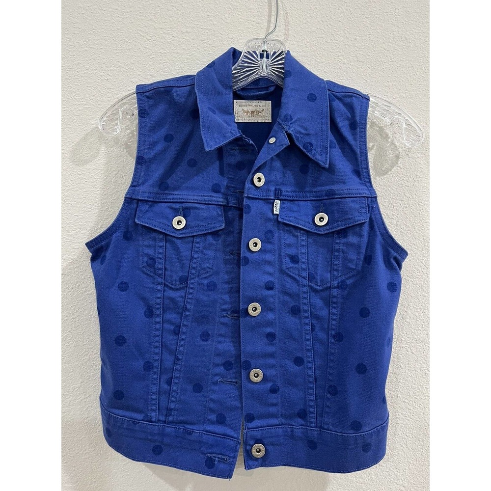 VINTAGE LEVI’S LEVI STRAUSS & CO XS DENIM VEST COTTON BLUE POLKADOT